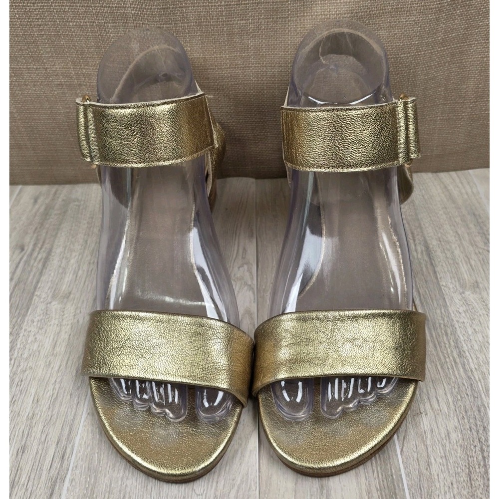 Stuart Weitzman Metallic Gold Broadband Block Heel Sandals Womens Size 6.5W‎